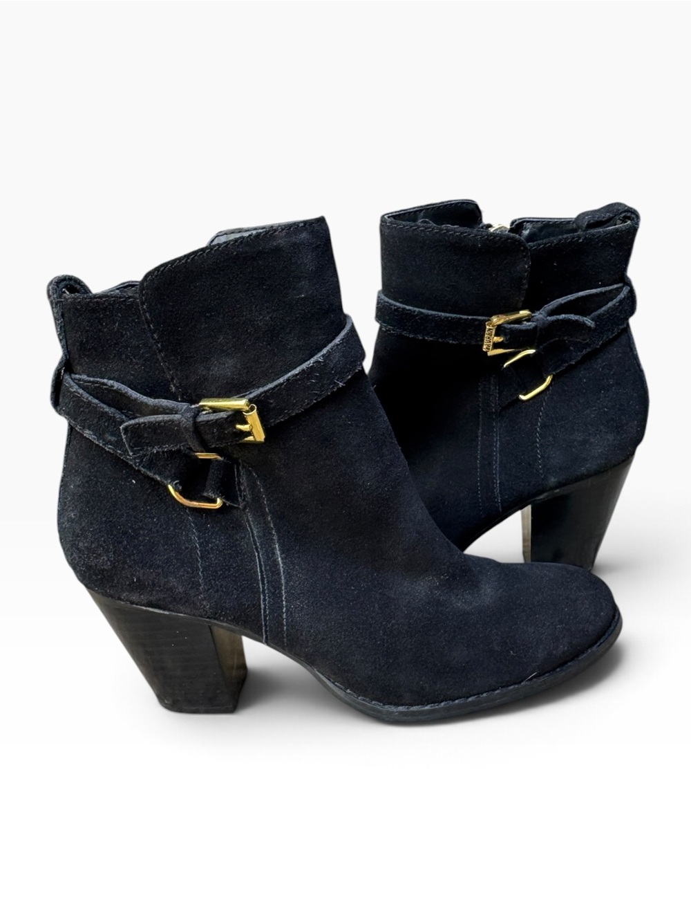 Lauren Ralph Lauren Maricia Black Suede Buckle Ankle Boots Size 7B Block Heel